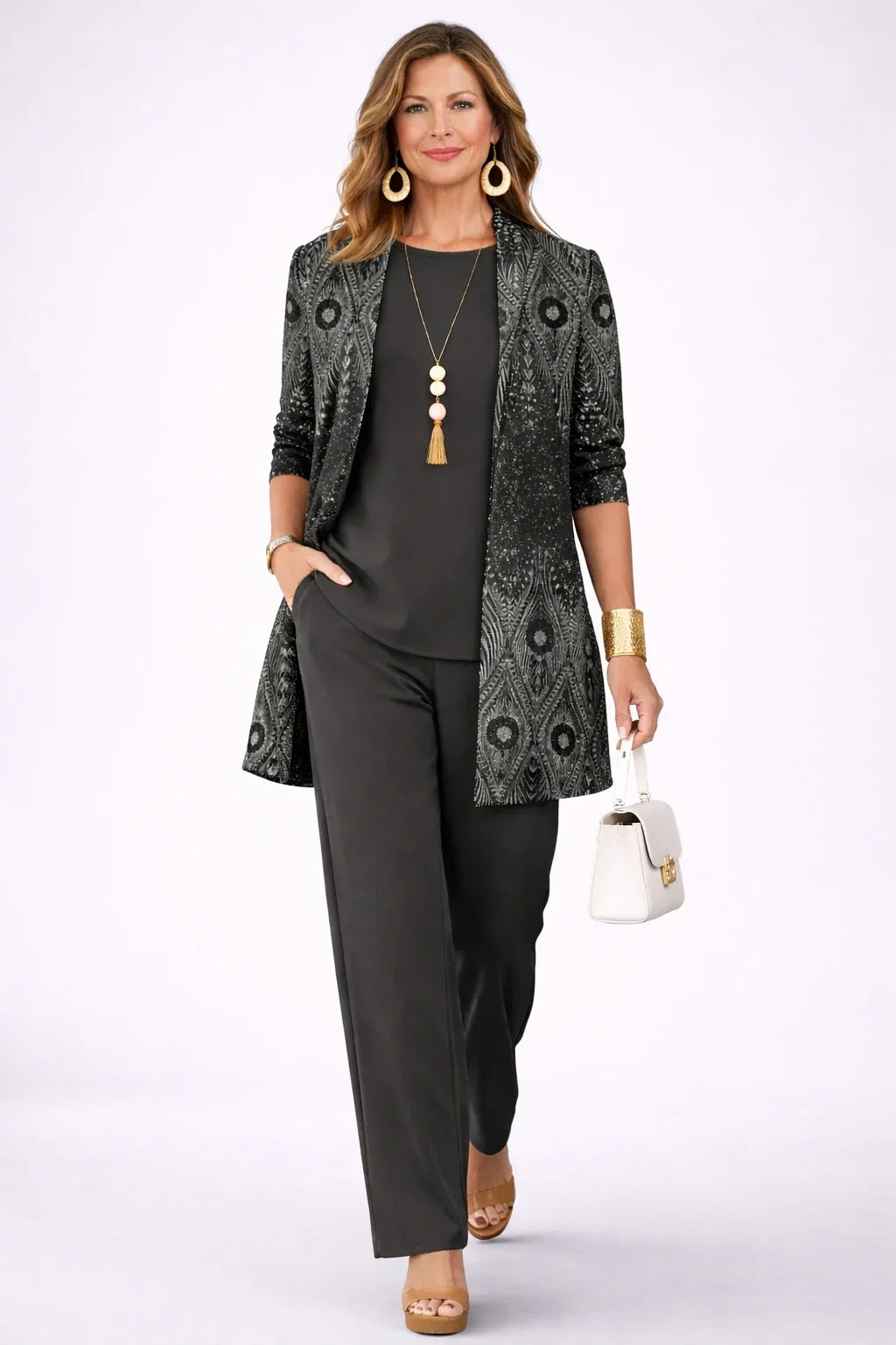 Vera | Completo a tre pezzi nero e argento con stampa paisley