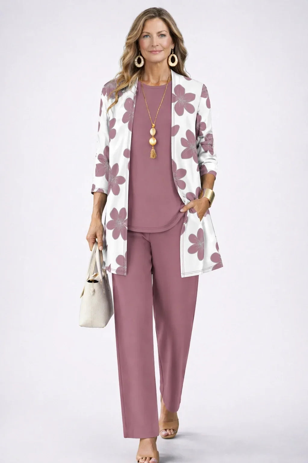 Marianna | Completo tre pezzi floreale rosa antico