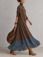 Ludovica | Abito lungo vintage effetto camoscio con pizzo