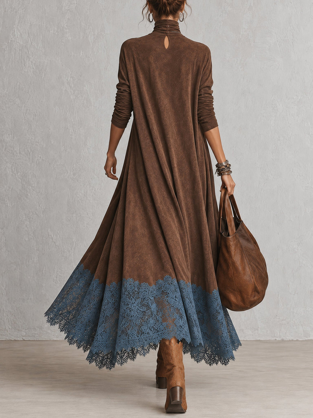 Ludovica | Abito lungo vintage effetto camoscio con pizzo