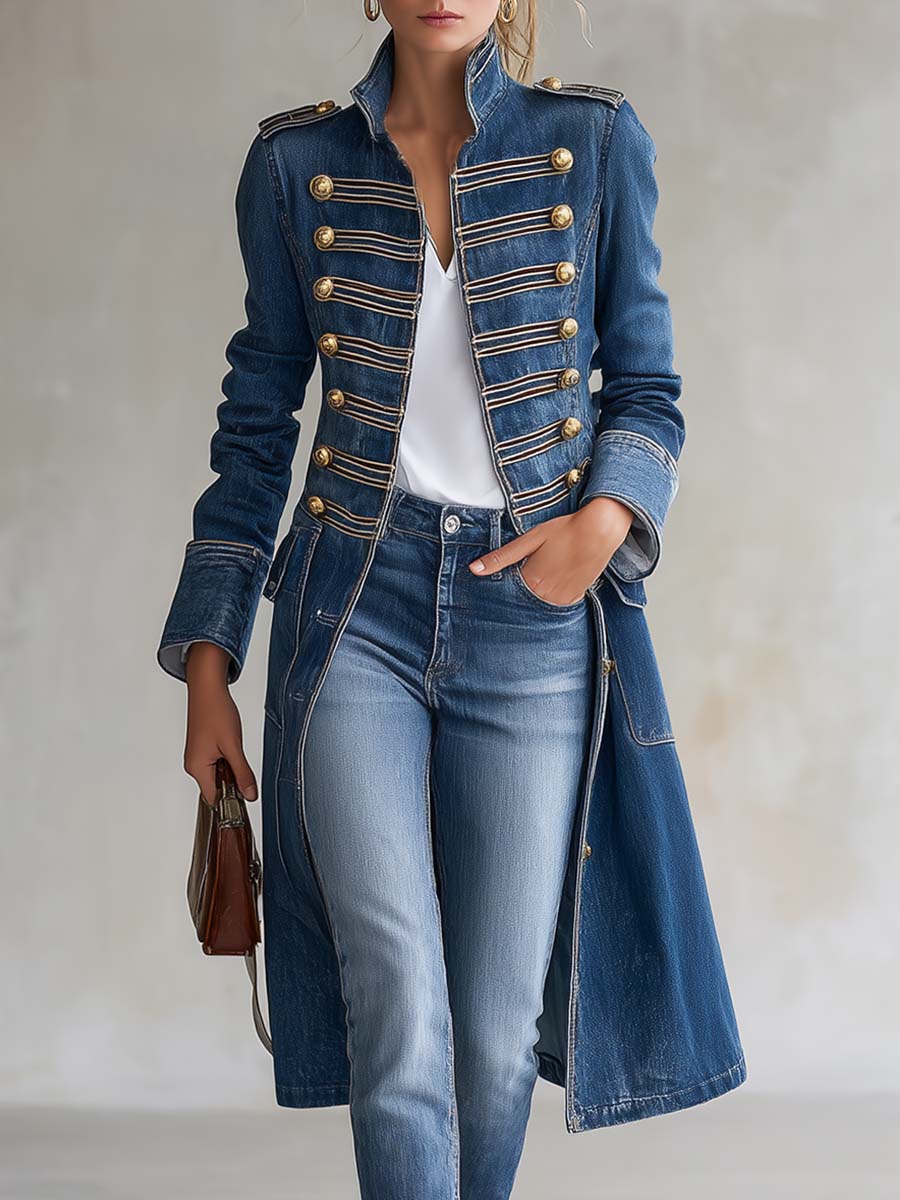 Camila | Cappotto lungo in denim aderente in stile militare