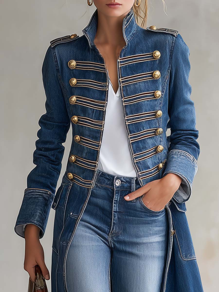 Camila | Cappotto lungo in denim aderente in stile militare