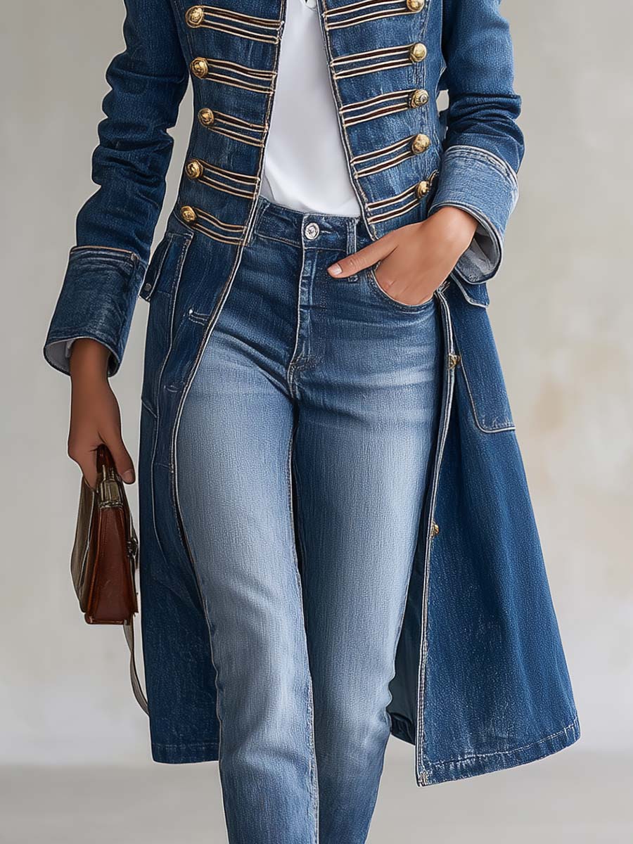 Camila | Cappotto lungo in denim aderente in stile militare