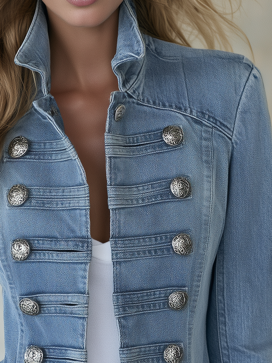 Cappotto in denim blu in stile militare con doppia abbottonatura