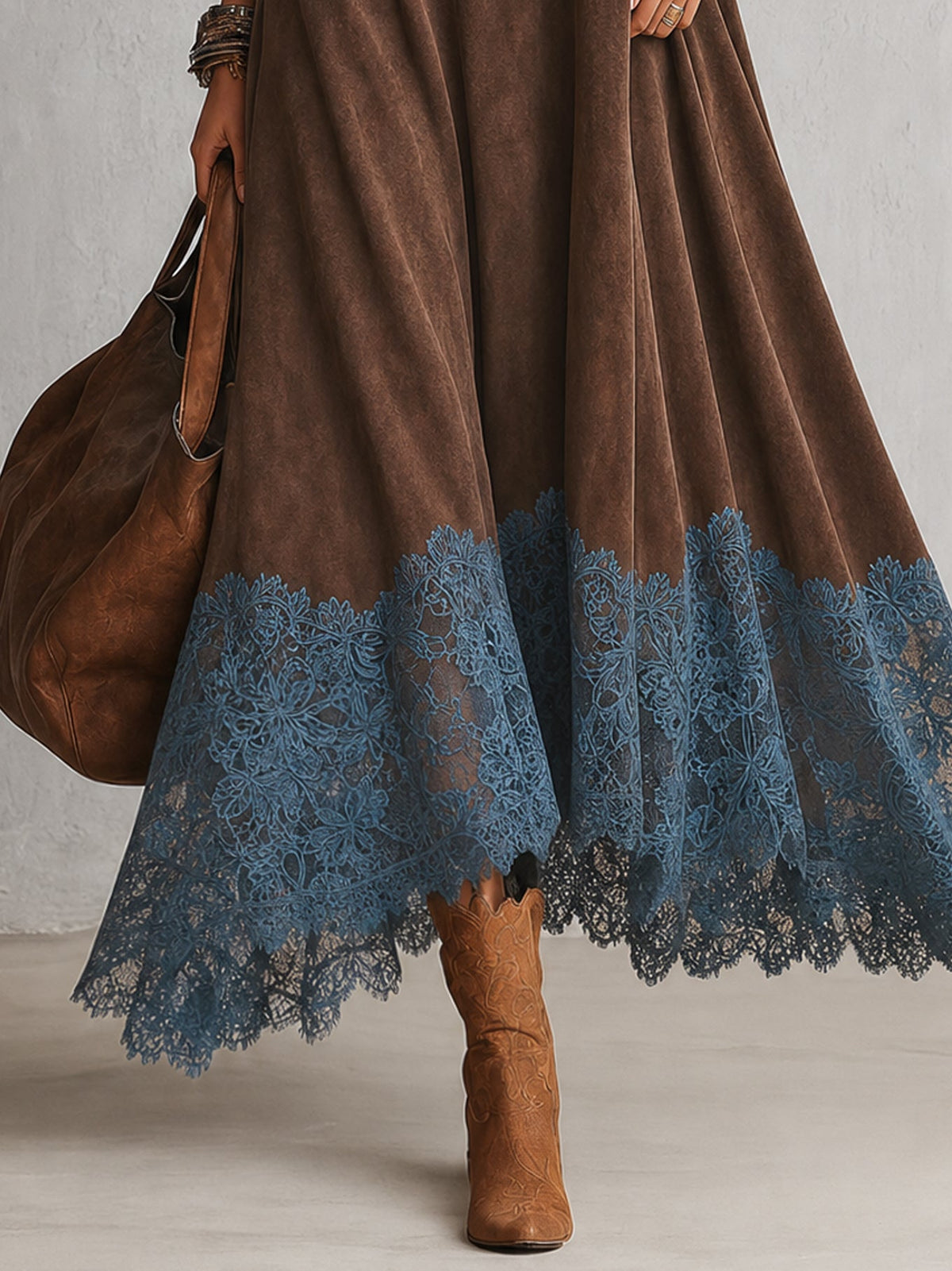 Ludovica | Abito lungo vintage effetto camoscio con pizzo