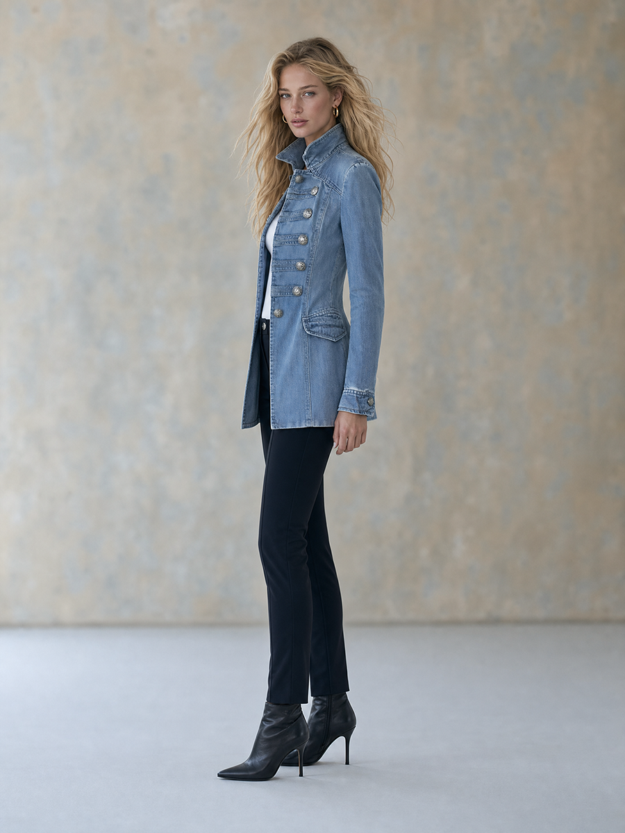 Cappotto in denim blu in stile militare con doppia abbottonatura