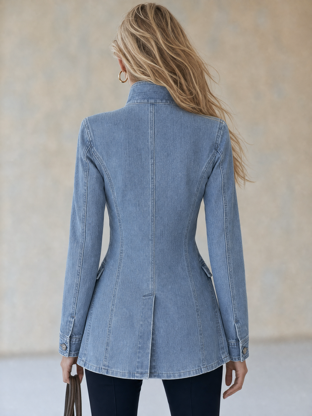 Cappotto in denim blu in stile militare con doppia abbottonatura