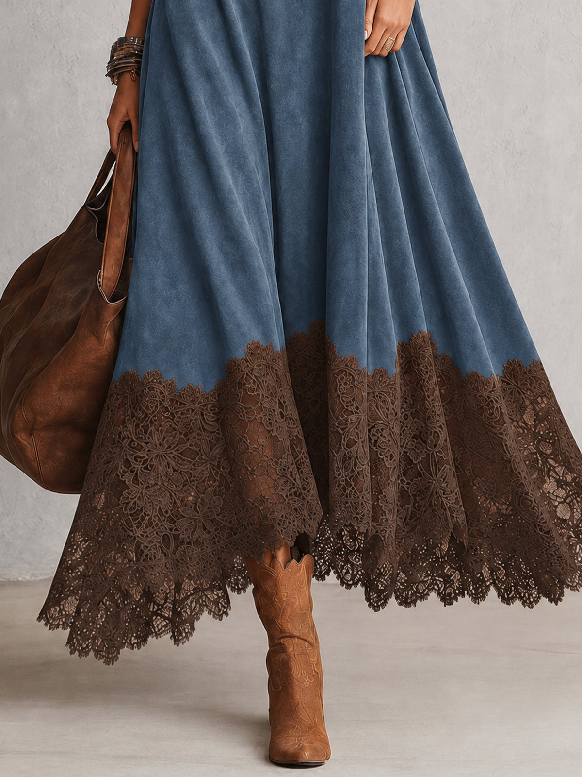 Ludovica | Abito lungo vintage effetto camoscio con pizzo