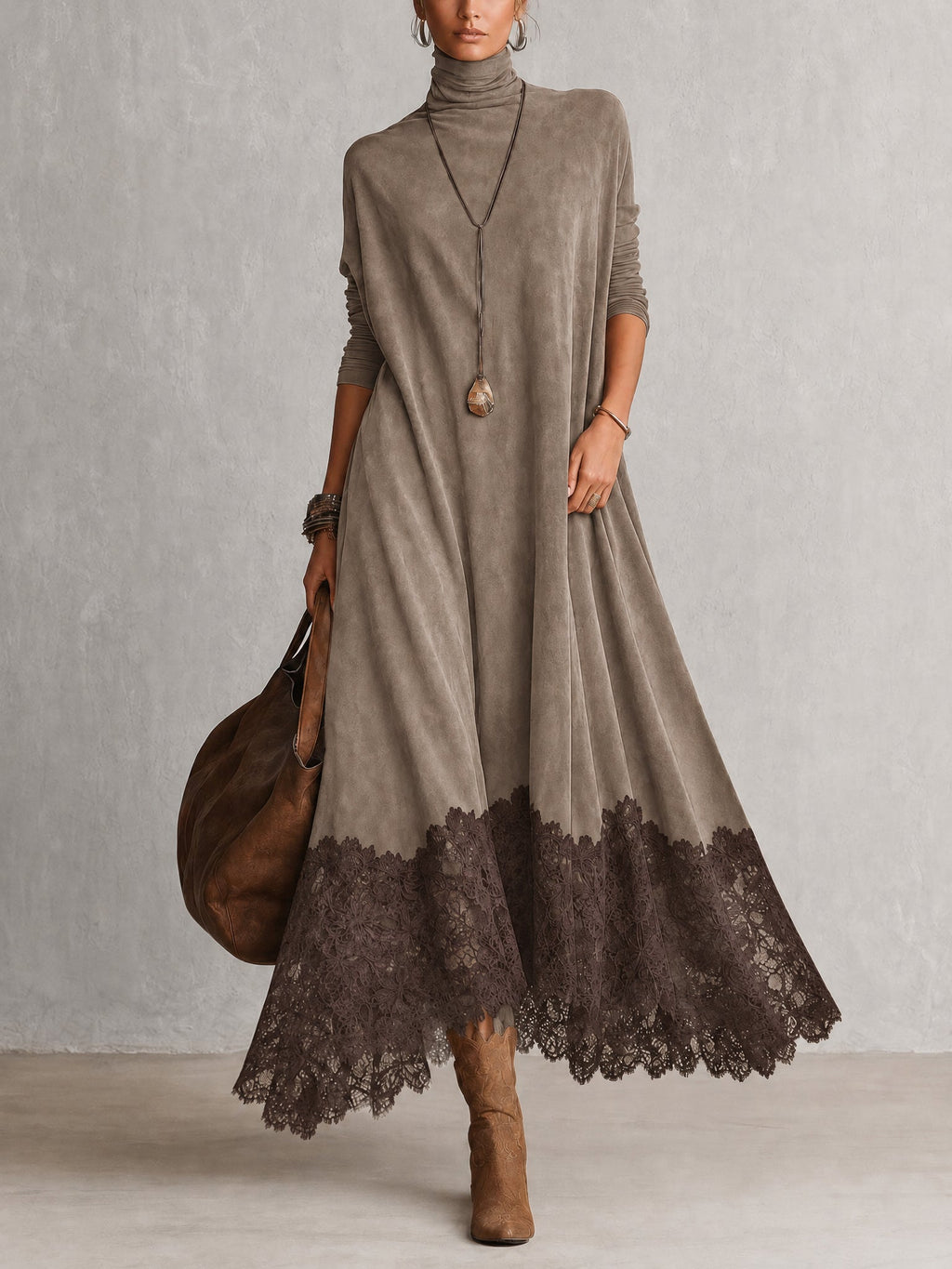 Ludovica | Abito lungo vintage effetto camoscio con pizzo