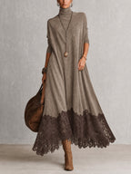 Ludovica | Abito lungo vintage effetto camoscio con pizzo