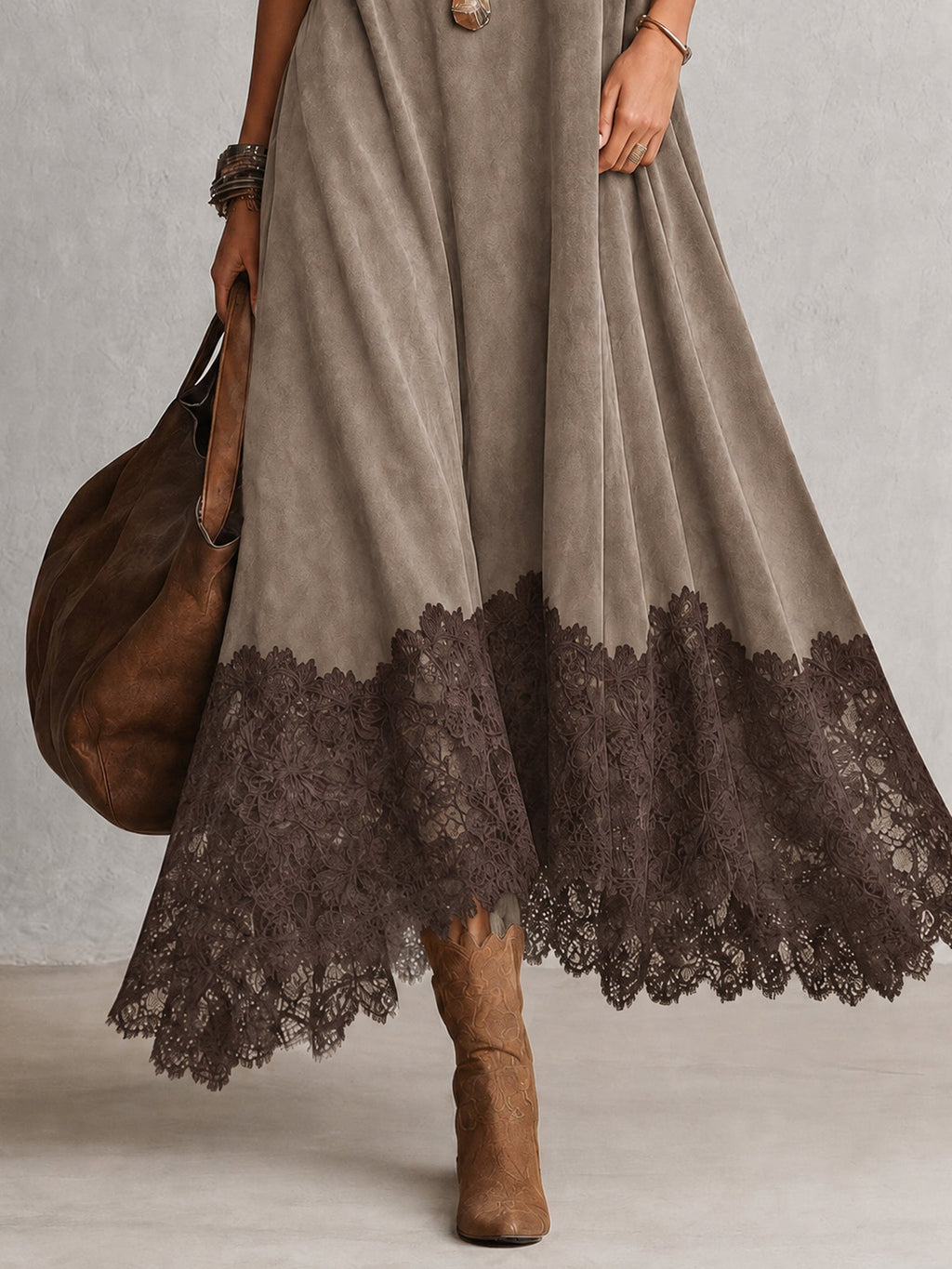 Ludovica | Abito lungo vintage effetto camoscio con pizzo