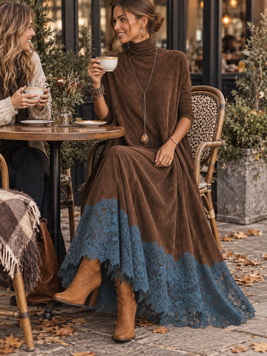 Ludovica | Abito lungo vintage effetto camoscio con pizzo