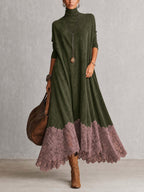 Ludovica | Abito lungo vintage effetto camoscio con pizzo