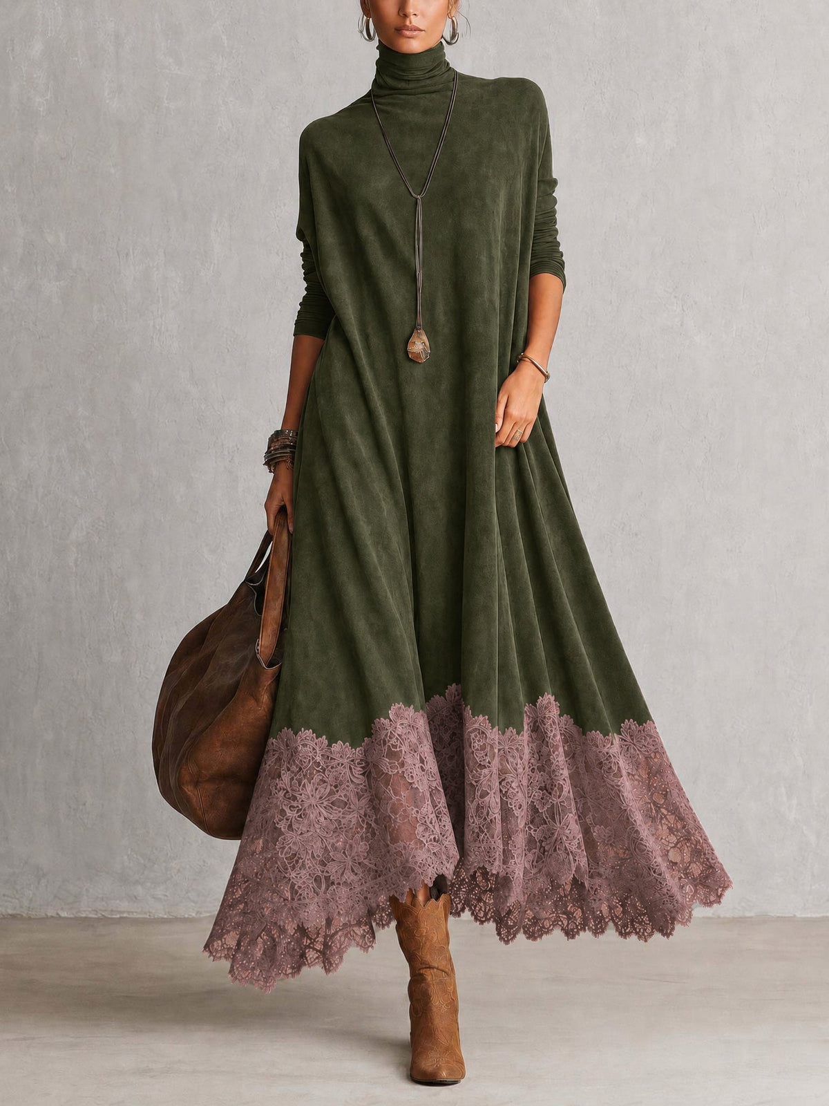 Ludovica | Abito lungo vintage effetto camoscio con pizzo