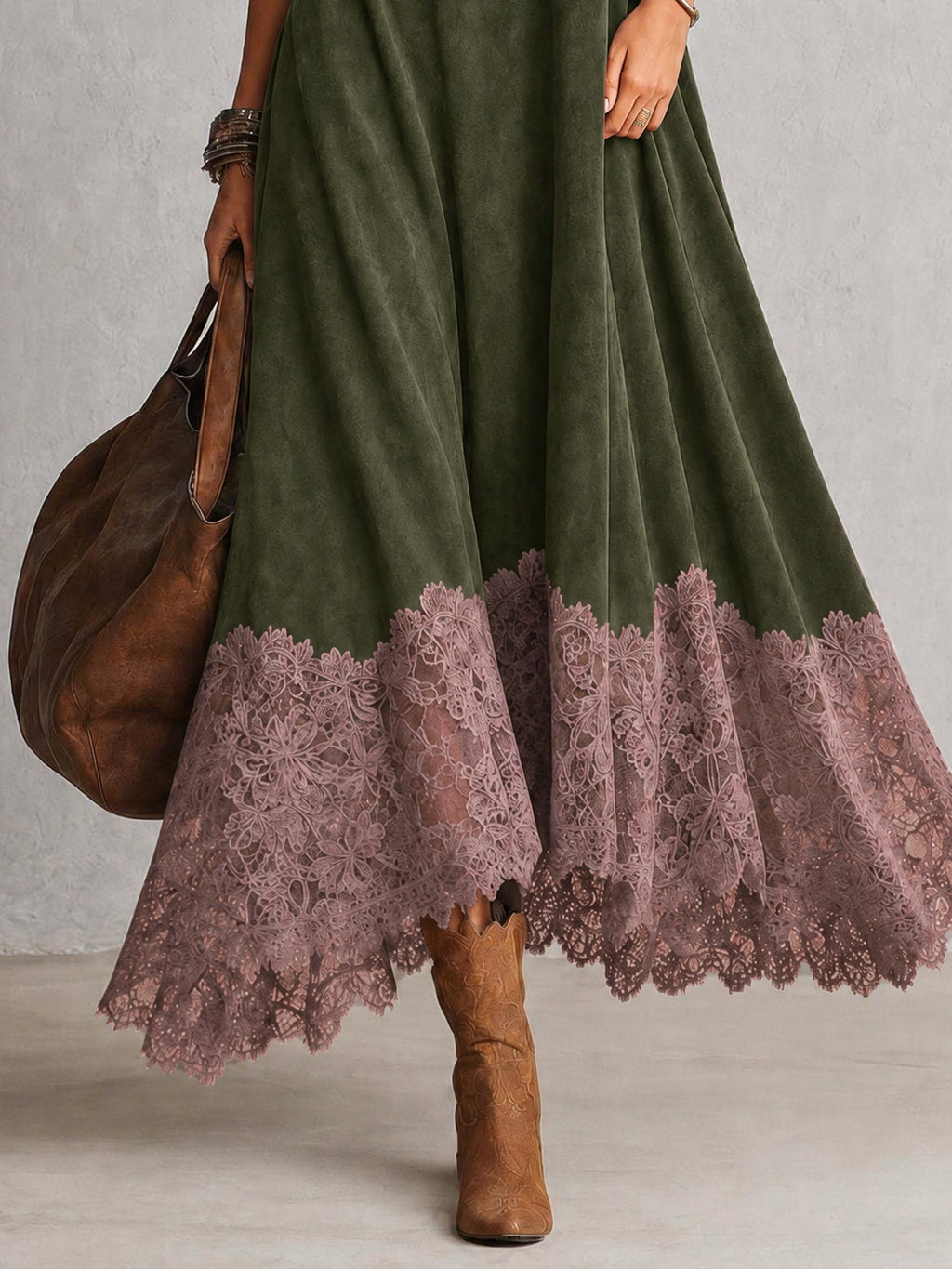 Ludovica | Abito lungo vintage effetto camoscio con pizzo