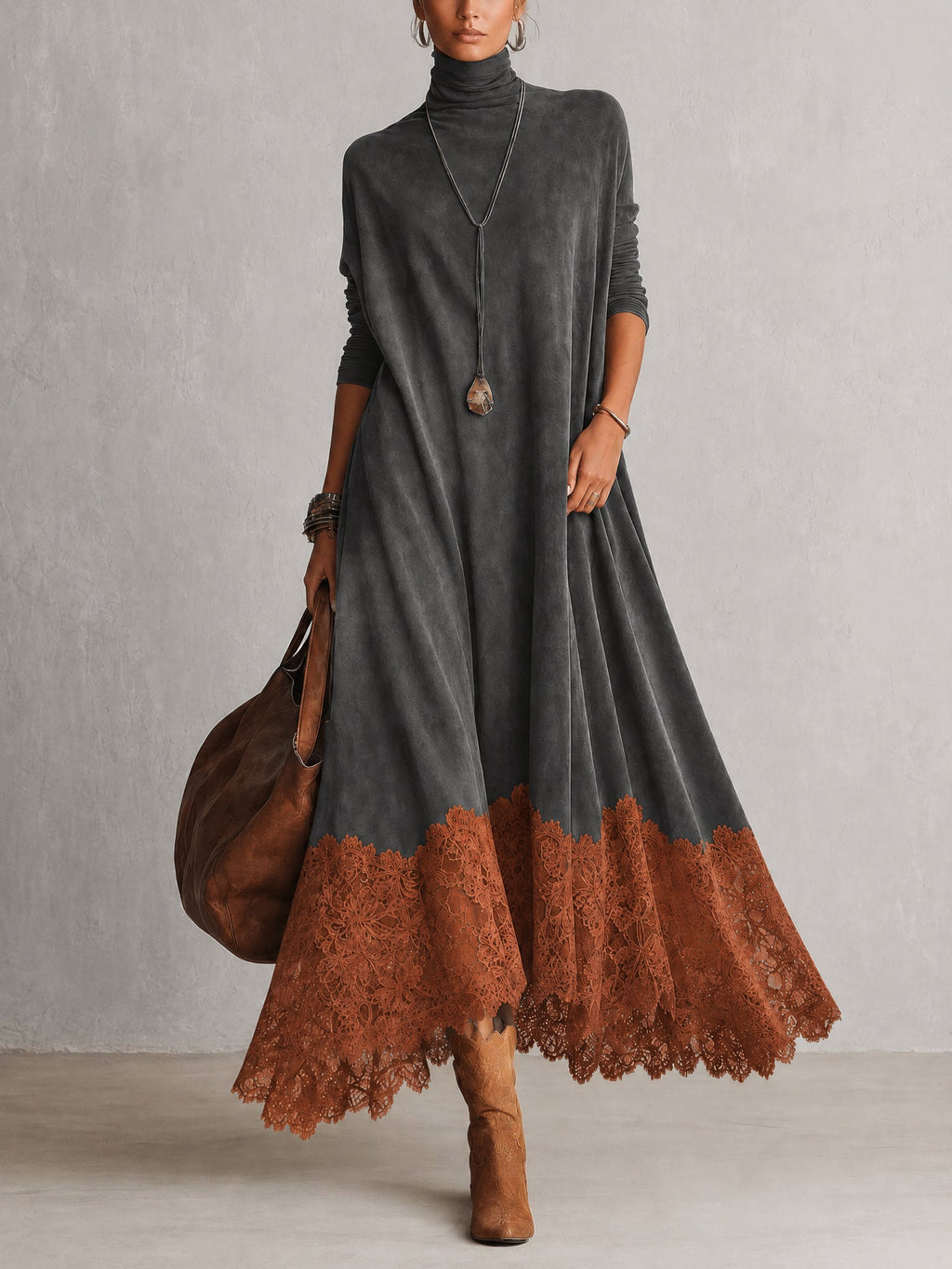Ludovica | Abito lungo vintage effetto camoscio con pizzo