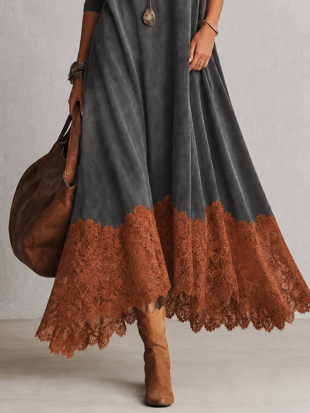 Ludovica | Abito lungo vintage effetto camoscio con pizzo