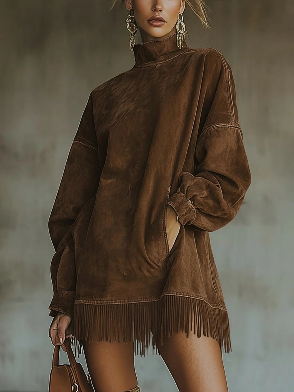Gabriella | Abito in suede con collo alto e frange