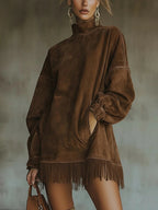 Gabriella | Abito in suede con collo alto e frange