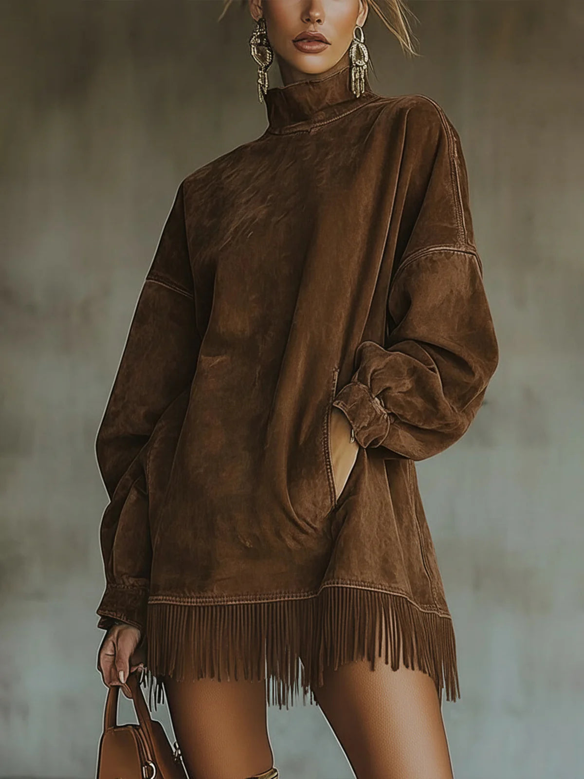 Gabriella | Abito in suede con collo alto e frange