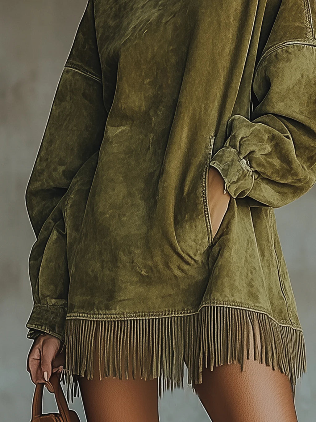 Gabriella | Abito in suede con collo alto e frange