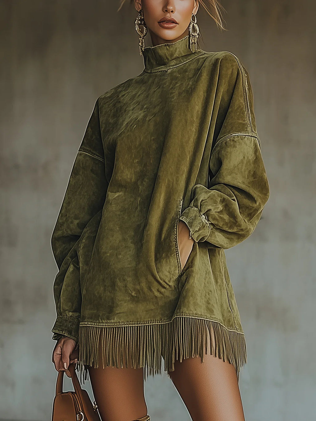 Gabriella | Abito in suede con collo alto e frange
