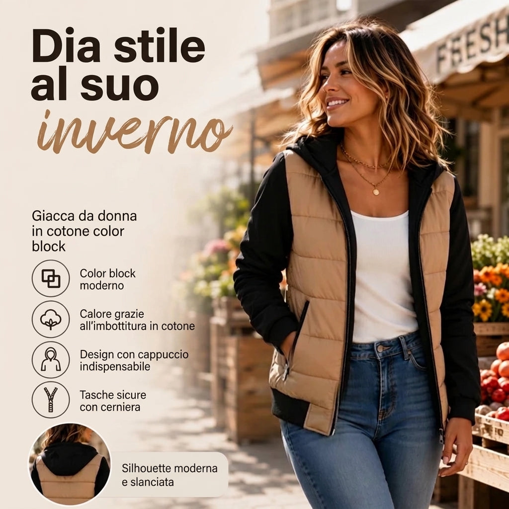 Alessia - Giacca trapuntata con cappuccio e colori a contrasto