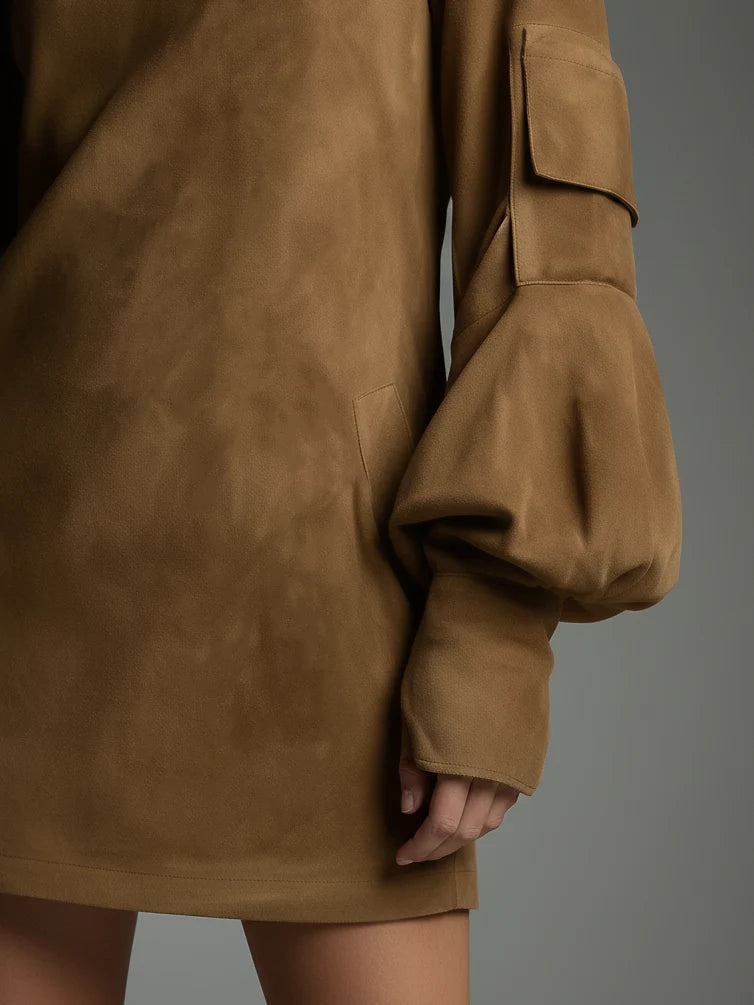 Bibiana | Mini abito oversize effetto camoscio con collo alto