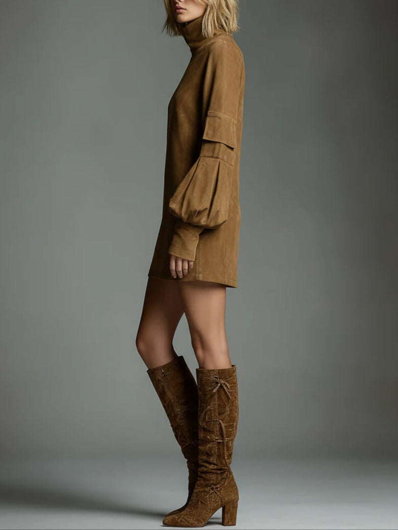 Bibiana | Mini abito oversize effetto camoscio con collo alto