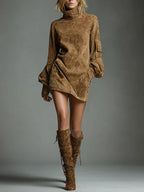 Bibiana | Mini abito oversize effetto camoscio con collo alto
