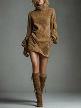 Bibiana | Mini abito oversize effetto camoscio con collo alto