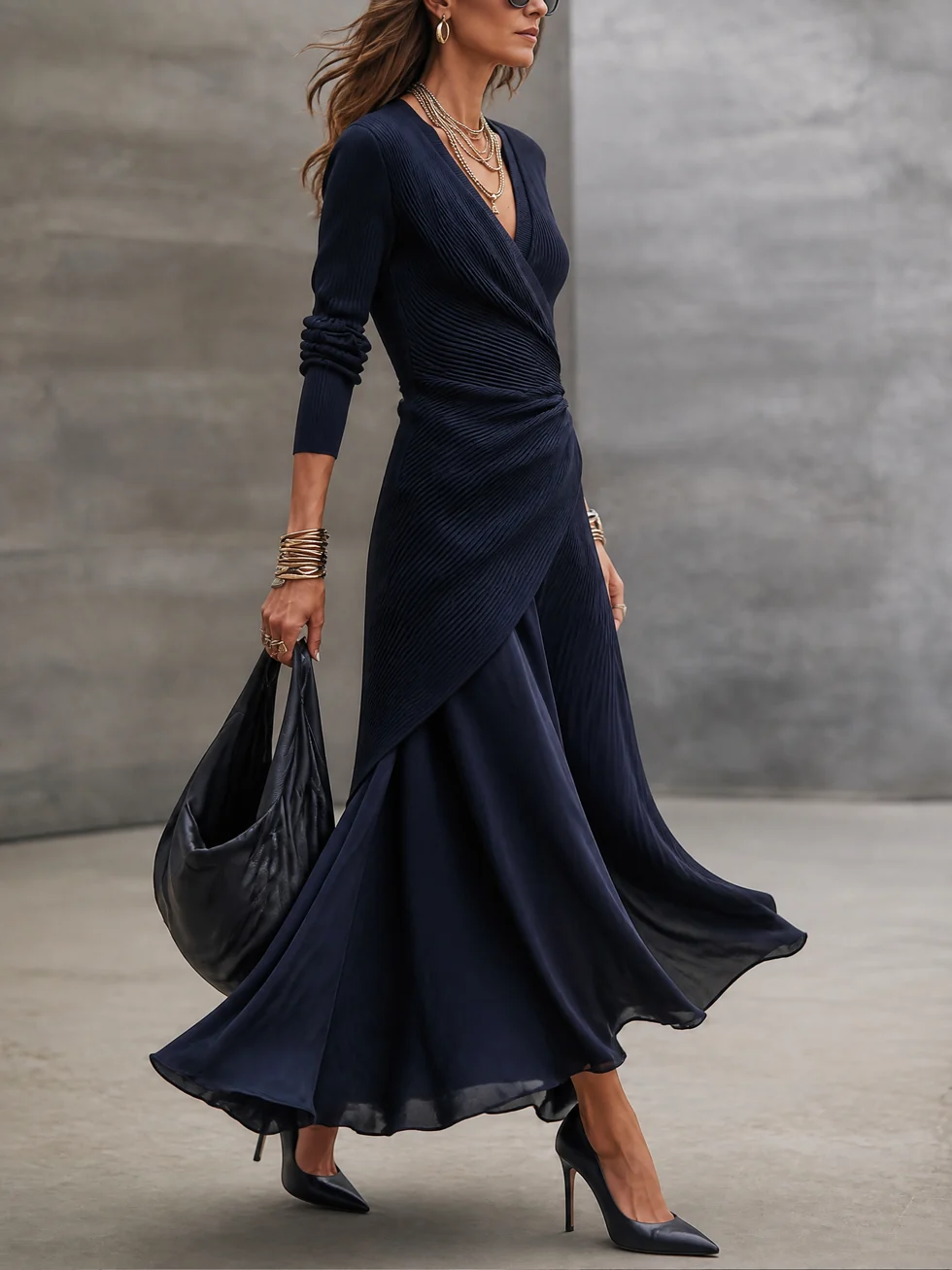 LOREDANA | Abito maxi asimmetrico con dettagli in raso
