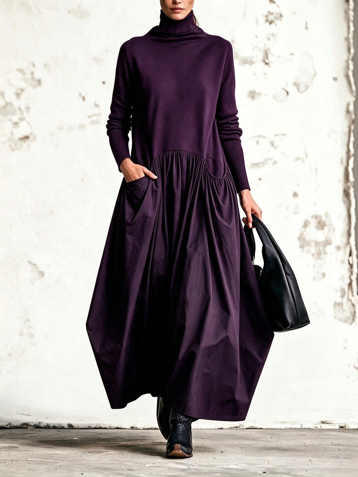Abito maxi nero oversize a collo alto con dettaglio tasche