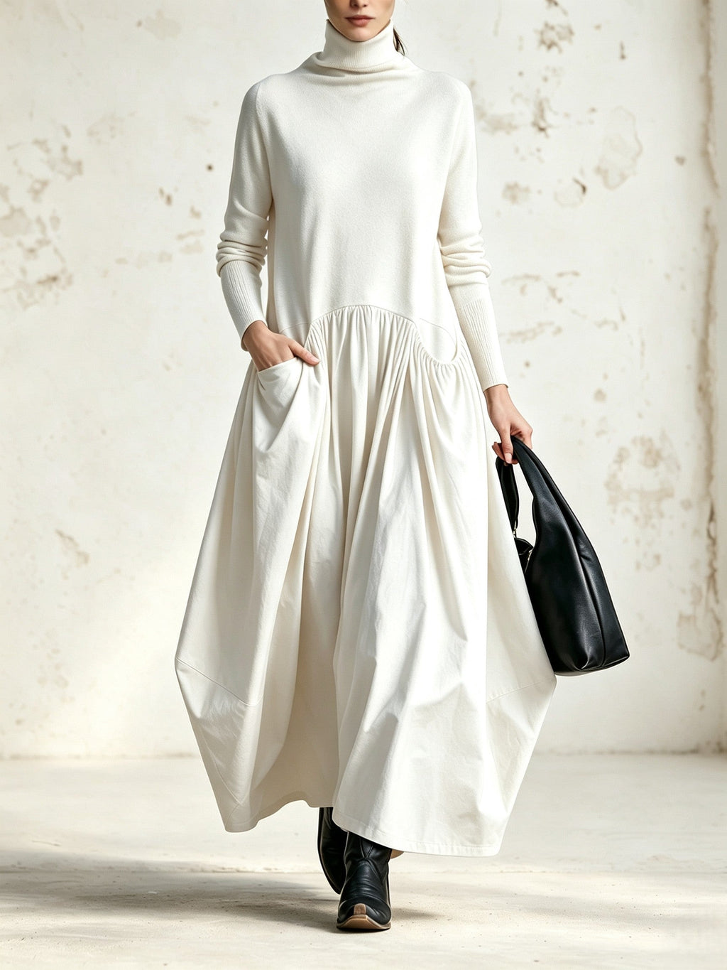 Abito maxi nero oversize a collo alto con dettaglio tasche