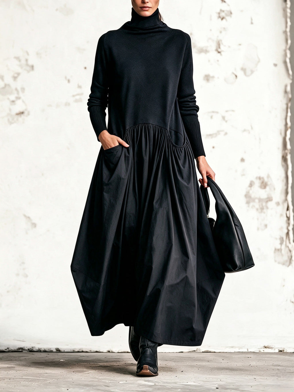 Abito maxi nero oversize a collo alto con dettaglio tasche