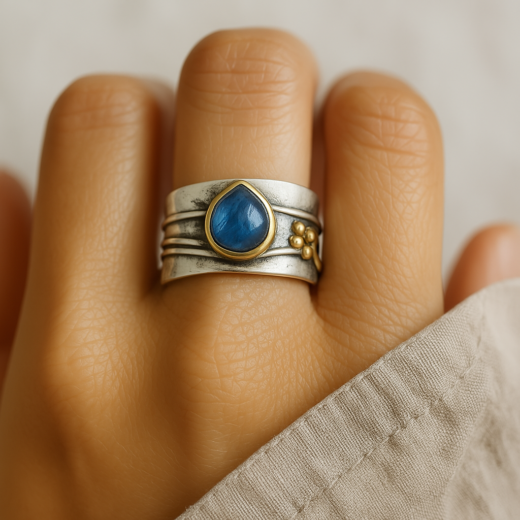 Agnese – Anello vintage con zaffiro blu in argento placcato oro