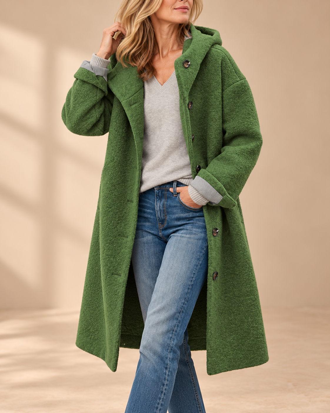Eleonora | Cappotto lungo con cappuccio e bottoni frontali