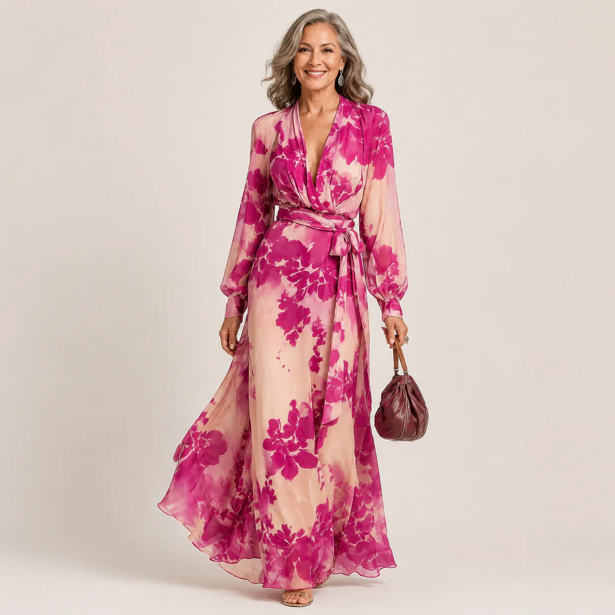 Julieta - Abito maxi floreale rosa con scollo a V e cintura