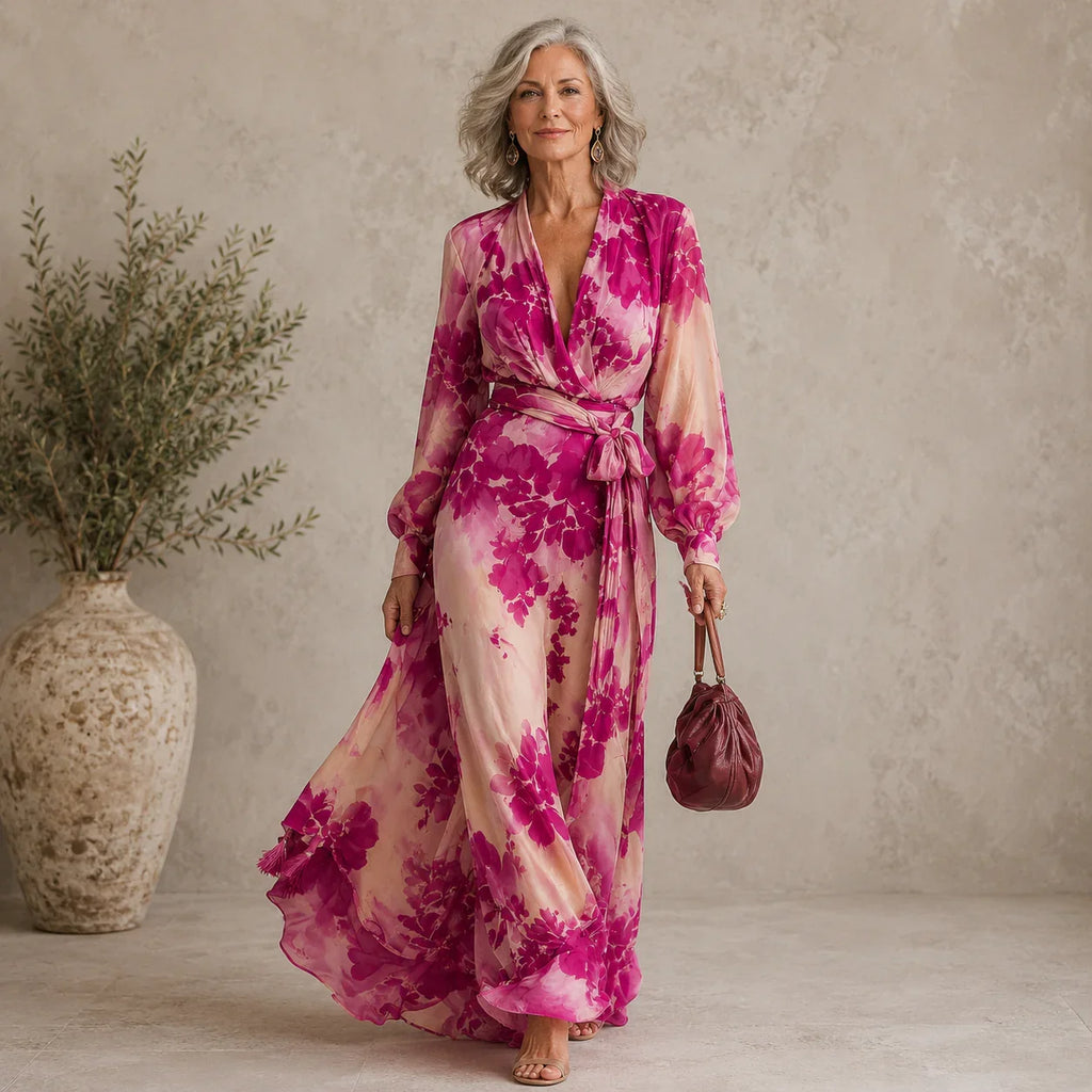 Julieta - Abito maxi floreale rosa con scollo a V e cintura