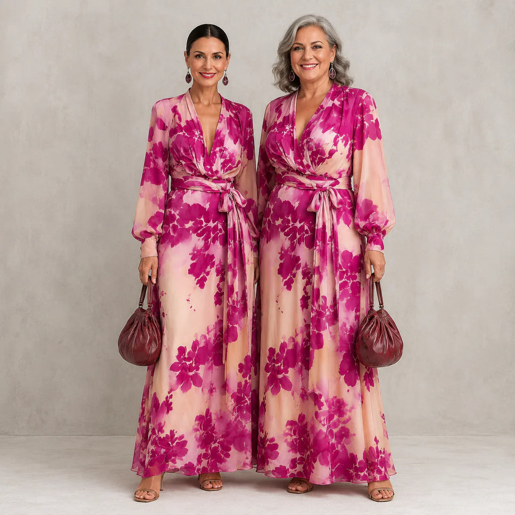 Julieta - Abito maxi floreale rosa con scollo a V e cintura