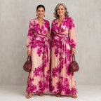 Julieta - Abito maxi floreale rosa con scollo a V e cintura