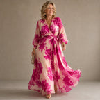 Julieta - Abito maxi floreale rosa con scollo a V e cintura