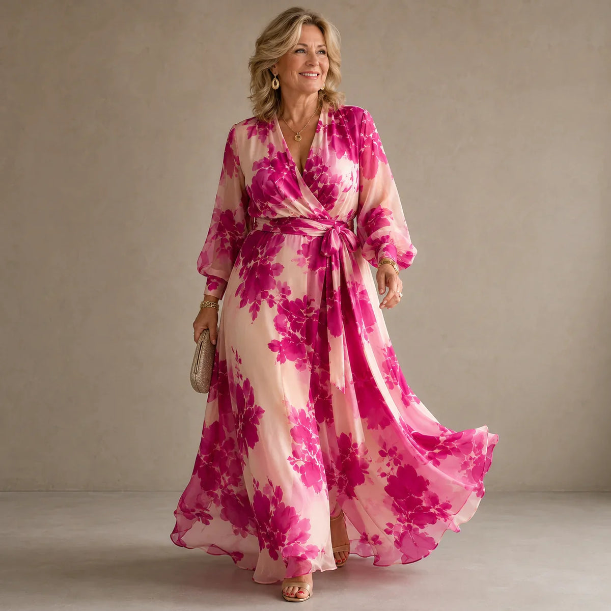 Julieta - Abito maxi floreale rosa con scollo a V e cintura