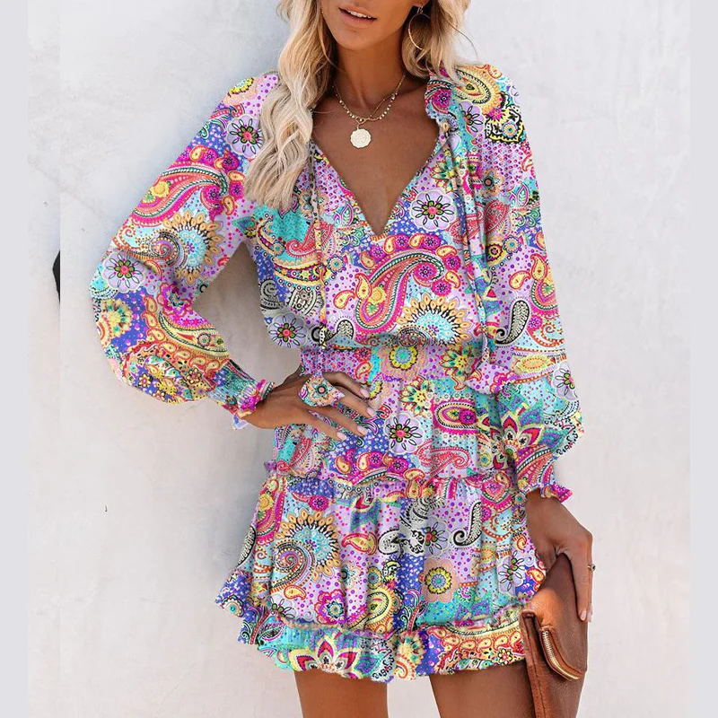 Ariana - Vestito mini con scollo a V, maniche lunghe e volant