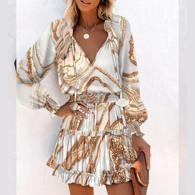 Ariana - Vestito mini con scollo a V, maniche lunghe e volant
