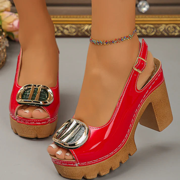 Eva - Sandali peep toe con tacco largo e fibbia metallica