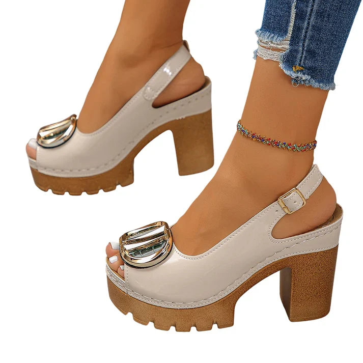 Eva - Sandali peep toe con tacco largo e fibbia metallica